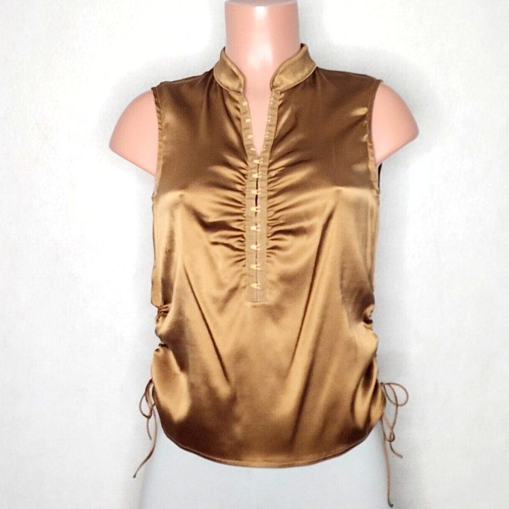 Cynthia Steffe Silk Blend Hook Front Top Brown Copper Sleeveless Tie Sides